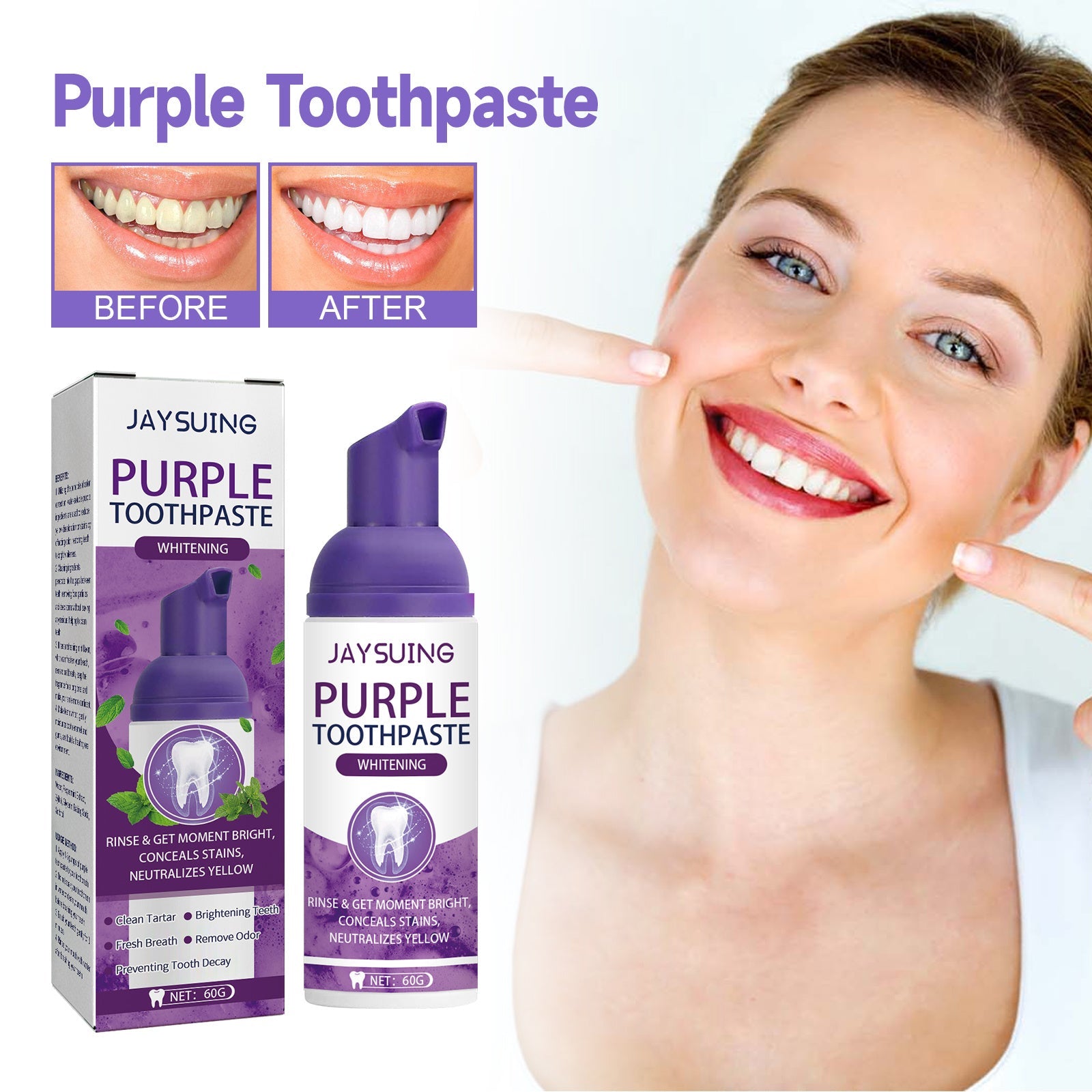 Jaysuing Purple Tooth Whitening Toothpaste, Brightens Teeth Cleans
